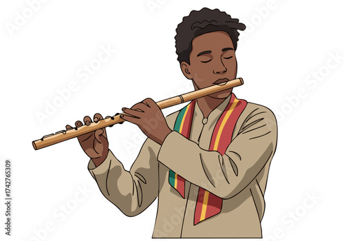 A young Black man plays a flute, wearing traditional attire. He exudes pride and joy, captured in a vibrant illustration. Perfect for diversity and cultural themes.