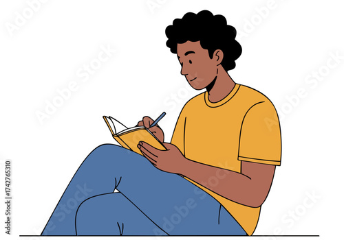A young Black man thoughtfully writes in a journal, radiating calm and introspection.  Warm colors and a simple setting create a peaceful mood. Ideal for wellness and self-care themes.