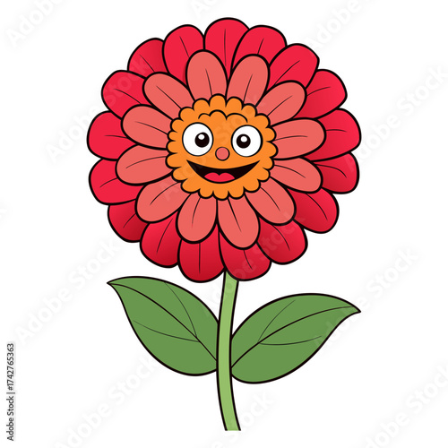 Illustration of a cheerful red zinnia flower with a smiling face, , radiating joy and happiness