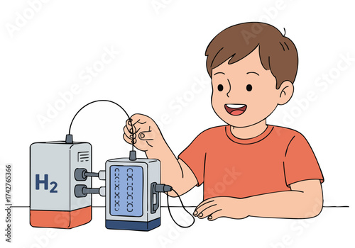 A smiling boy experiments with a hydrogen fuel cell, demonstrating clean energy. Bright, playful illustration for educational materials. Focus on the science and technology.