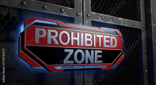 Prohibited Zone Illuminated Sign Displayed on a Metallic Industrial Gate Structure