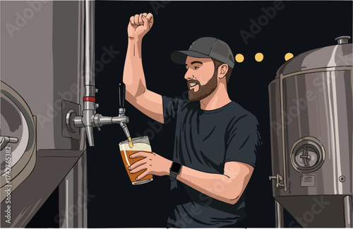 A smiling brewer proudly pours beer into a glass in a brewery, showcasing ?Pour the Pride?.  A dynamic, commercial image for craft beer marketing.