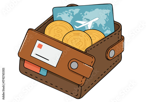 A brown leather wallet overflowing with coins and a credit card, symbolizing travel and finances. A playful, illustrative style. Perfect for business, finance, and travel themes.