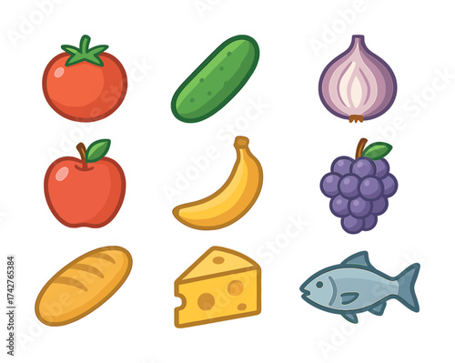 Vector Colorful collection of cartoon fruits, vegetables, cheese, and fish