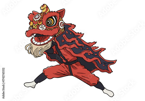 A dynamic lion dance performer leaps forward, showcasing vibrant colors and traditional attire. Perfect for festivals and celebrations. Bold, energetic, and visually striking.