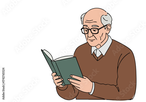 elderly man reads book celebrating 'Read the Relief Day' A vintage illustration style evokes nostalgia and promotes literacy Clear composition warm tones and a thoughtful expression