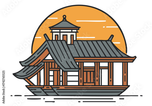 Elegant logo featuring traditional Japanese pagoda building against a rising sun Minimalist line art style evokes Japanese heritage and design Suitable for branding and cultural themes