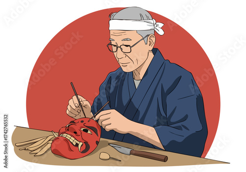 elderly Japanese craftsman meticulously paints traditional mask Focused detail rich colors and a cultural theme  -Mask the Mastery- - a captivating portrait of dedication and artistry