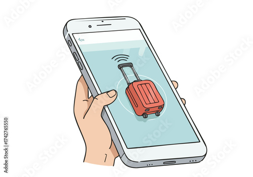 A hand holds a smartphone displaying a suitcase tracking app. The app shows a red suitcase with a tracking icon. Modern, digital travel concept. Clean, bright illustration.