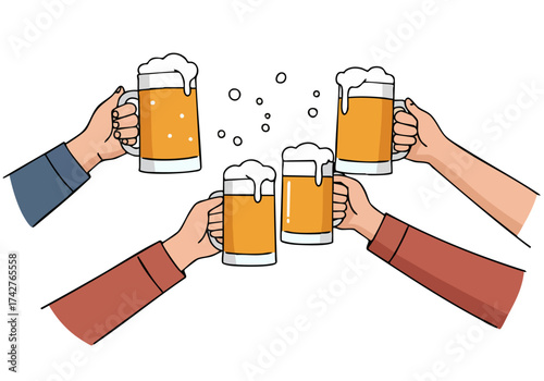 Four hands raise mugs of beer in a celebratory toast. A modern, flat illustration style. ?Clink the Craft? text overlay. Bright, inviting, and perfect for beer brands or promotions.