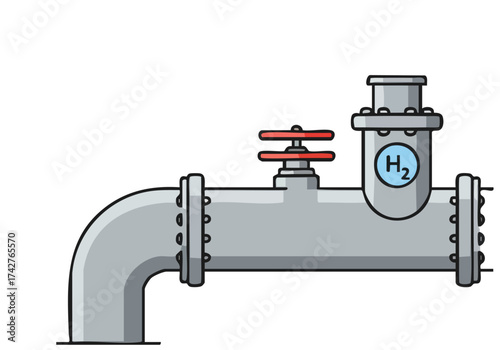 Illustration depicts a gray pipeline with a hydrogen valve, showcasing a clear flow. Simple, modern design for industrial or energy concepts. Clean, flat style.