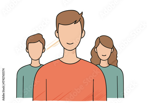 Illustration depicting group unity strength. Three diverse figures connect to a central figure, symbolizing collaboration and teamwork. Modern, flat design style.