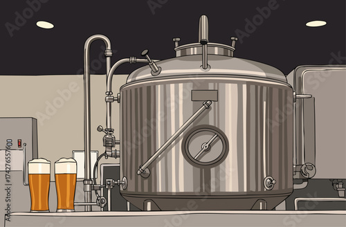 Industrial brewery scene with stainless steel tanks and fresh beer close-up view showcases the brewing process highlighting quality and craft -Brew the Beauty- text adds a playful touch