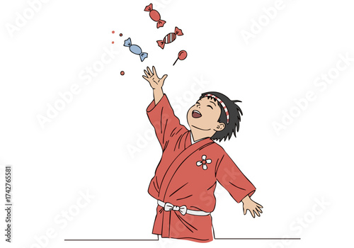 A joyful young boy in a kimono playfully reaches for falling candy, capturing a whimsical moment. Bright colors and a simple composition create a charming illustration.