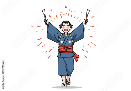 joyful  Japanese man celebrates Day Kunchi with traditional fans radiating happiness Vibrant colors and festive confetti create a dynamic celebratory image Perfect for cultural themes and promotions