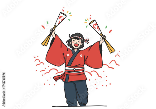 A joyful young Japanese man celebrates with naginata and fireworks, embodying the 'Day Nagasaki Cheer'. Vibrant, energetic illustration.