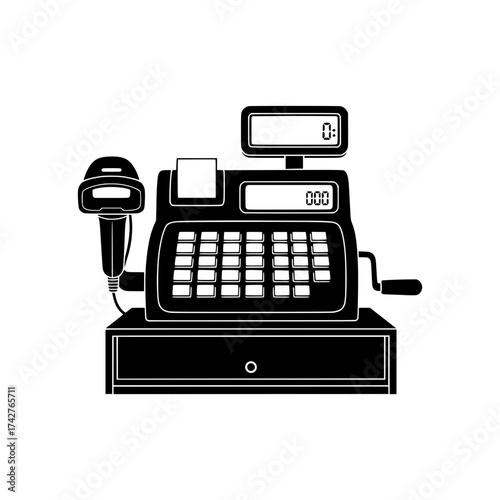 Black silhouette cash register with barcode scanner isolated on white background ideal for retail business illustrations
