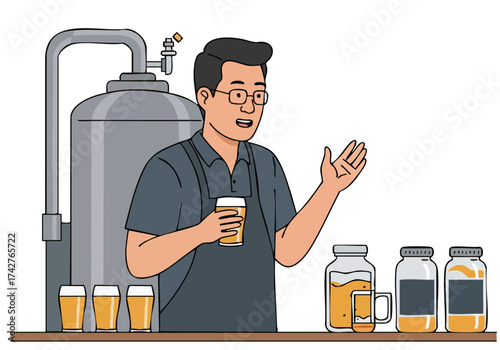 A professional Asian man demonstrates a brewing process, highlighting flavor enhancement. He gestures towards beer and fermentation equipment. Bright, modern studio setting.