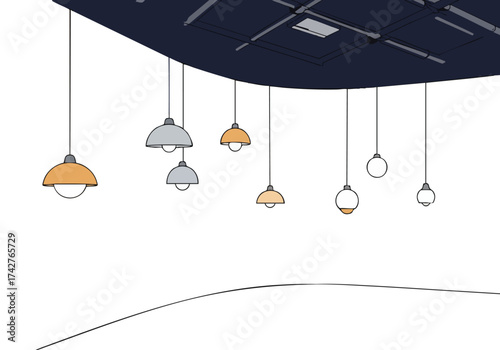 Modern, stylized illustration of hanging light fixtures against a white backdrop. A subtle glow effect adds visual interest. Clean, graphic design suitable for commercial use.