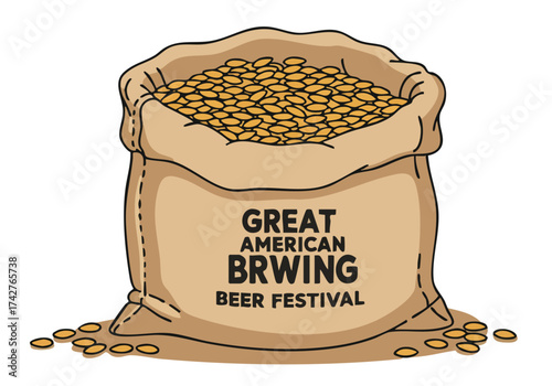 rustic burlap sack overflowing with golden beer coins emblazoned with 'Great American Brewing Beer Festival'  A playful vintage-inspired design promoting craft beer