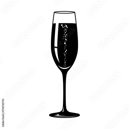 Black silhouette champagne flute glass filled with bubbly beverage isolated on white background