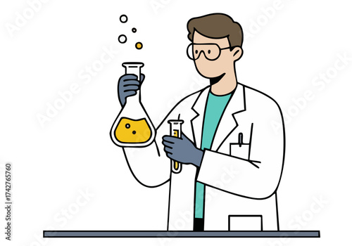 A male scientist in a lab coat holds a beaker, conducting research. Clean, modern illustration with a bright yellow background. Perfect for science, education, or technology themes.