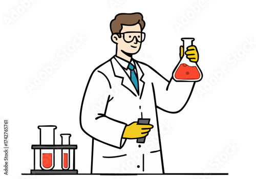 A scientist in a lab coat examines a flask, conveying research and innovation. Clean lines and a bright yellow background create a modern, professional feel.