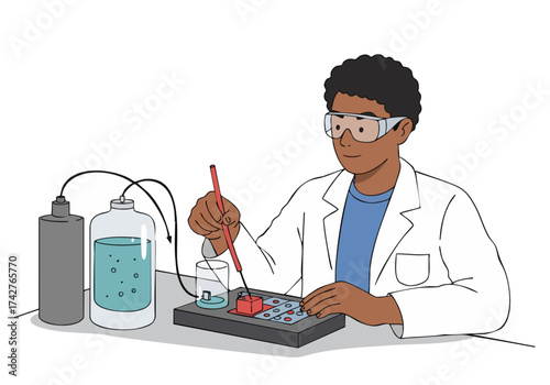 A young scientist experiments with a hydrogen fuel cell, illuminated by a bright light. Focused on learning and innovation. Clean, modern lab setting.