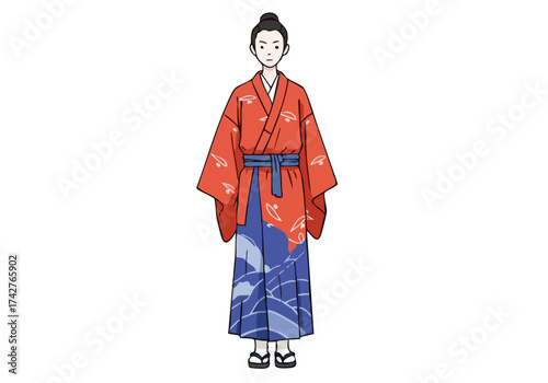 stylish Japanese woman in a vibrant kimono stands proudly The design features a striking red and blue pattern Perfect for cultural themes and Pride celebrations Clear modern illustration