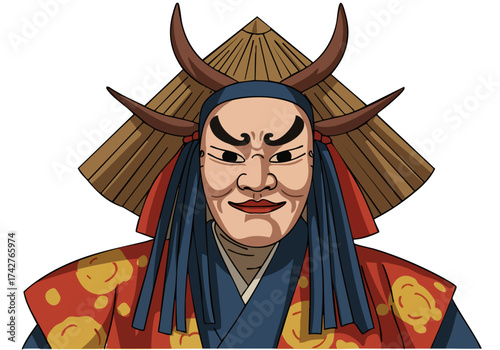A stylized illustration of a Japanese actor in a traditional mask and costume, embodying the Takayama Festive. Bold colors and graphic style create a striking visual.