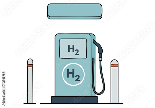 A stylized illustration depicts a fuel station with hydrogen, hydro-gen, and fuel cell options. Clean lines and a modern aesthetic create a visually appealing graphic.