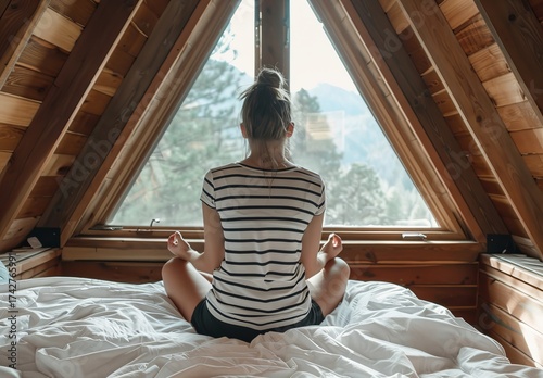 Wallpaper Mural A girl sits cross-legged on a bed, meditating calmly in the peaceful attic of an A-frame cabin amidst beautiful mountain views Generative AI Torontodigital.ca