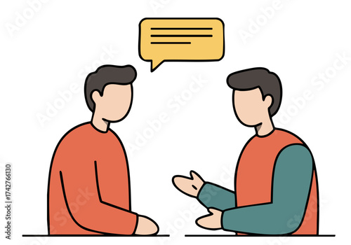 Two men engage in a supportive conversation. A speech bubble illustrates active listening and care. Clean, modern illustration style.