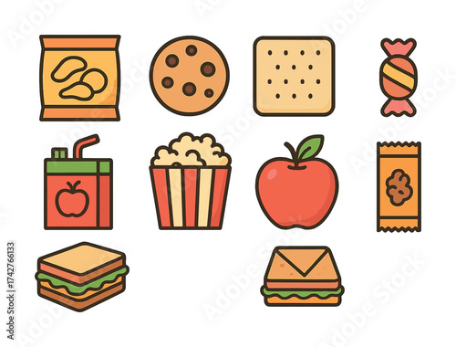 Vector Variety of cartoon snack foods featuring chips, cookie, sandwiches, and fruits