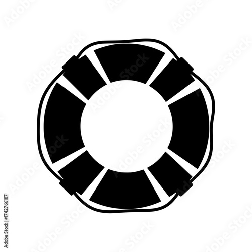 Black silhouette life preserver icon isolated on white background suitable for nautical themes and safety graphics