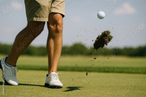 A golfer's leg is shown in motion as he hits a golf ball, causing soil and grass to fly up. The background features a green golf course under a clear blue sky.