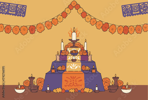 vibrant illustration depicts a Day of the Dead altar adorned with papel picado and marigolds A candle illuminates a central offering
