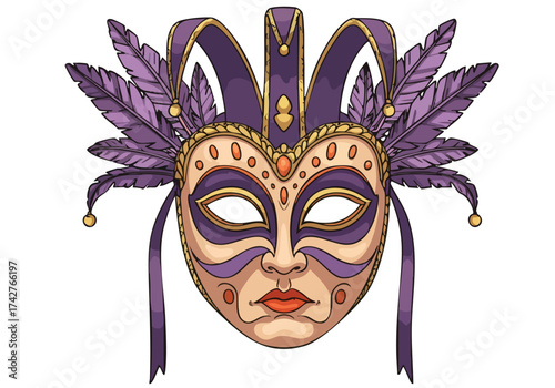 vibrant detailed mask fest art illustration featuring a purple and gold Venetian mask adorned with feathers Bold colors and intricate design create a festive and eye-catching image