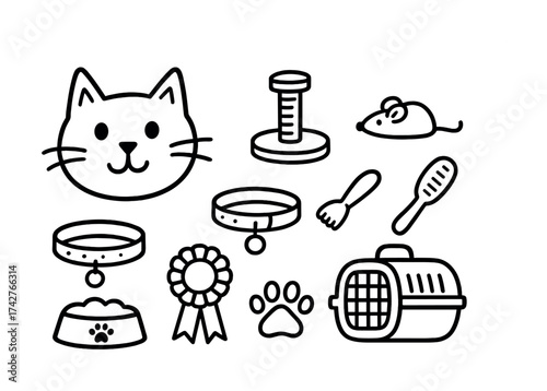 Vector Cat essentials: carrier, collar, mouse toy, grooming tools, food bowl, paw print, award ribbon