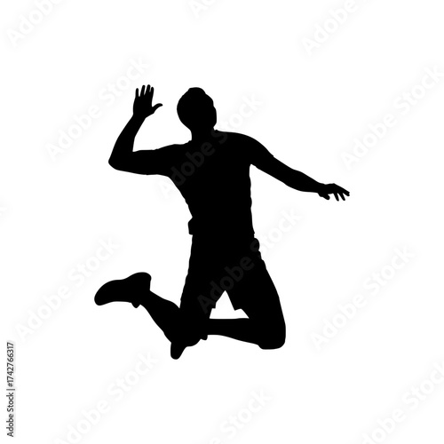 Black silhouette of a male volleyball player making a dynamic jump serve action against a white background