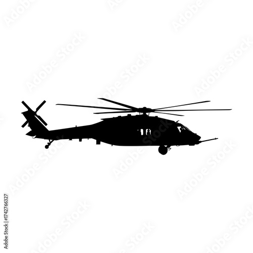 Black silhouette of a military helicopter with a large rotor system isolated on white background