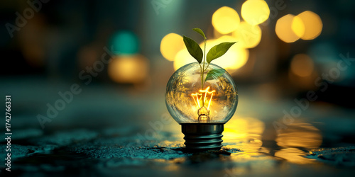 Wallpaper Mural The artwork features a lightbulb containing a small green plant, representing the harmony between technology and nature in a sustainable future Torontodigital.ca