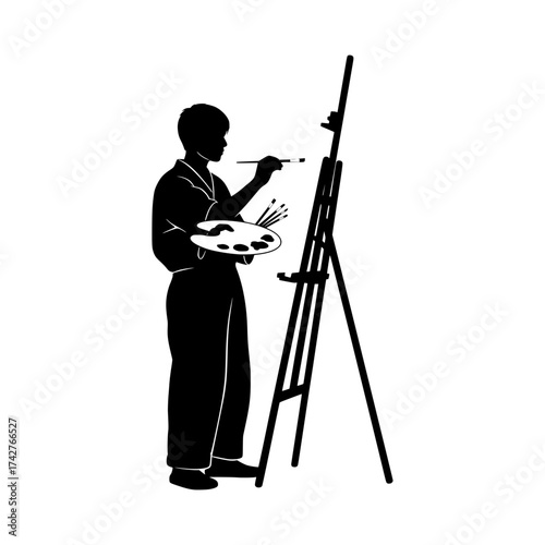 Black silhouette of an artist painting at an easel with paintbrush and palette