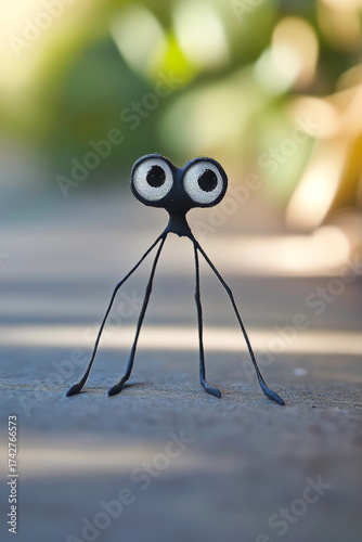 Wallpaper Mural A playful googly eyes character made from black materials stands on thin legs, set against a blurred garden background during daylight Torontodigital.ca