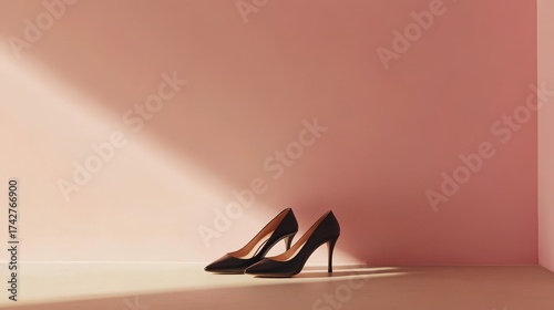 Wallpaper Mural Black high heels stand alone in a stylish setting, their sharp design complemented by a soft pink background, emphasizing contemporary elegance Torontodigital.ca