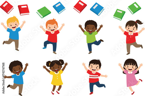 Cartoon children jumping, floating books, joyful learning, reading excitement, educational illustration, happy kids, colorful art, school fun, literacy celebration, playful classroom energy