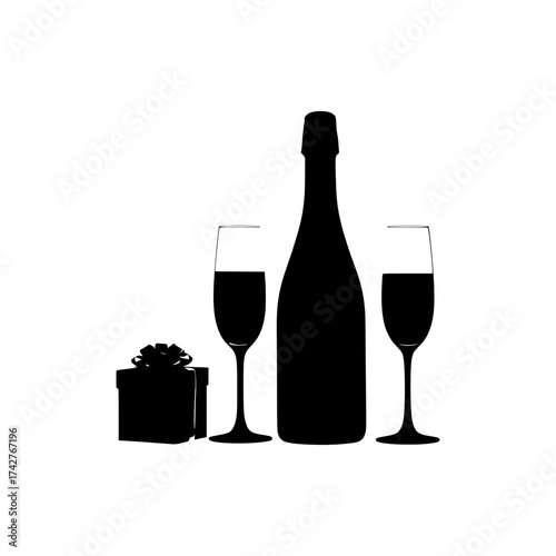 Champagne bottle with two glasses and gift box black silhouette vector graphic illustration
