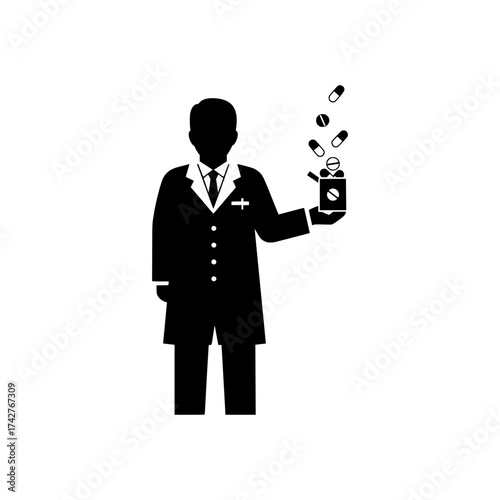 Doctor silhouette icon holding medicine box with pills spilling out isolated on white background