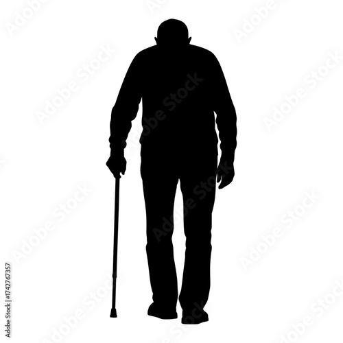 Elderly man silhouette walking with a cane isolated on white background, black and white vector graphic illustration