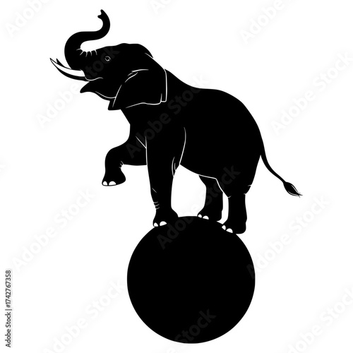 Elephant silhouette balancing on a ball, circus animal, black and white vector graphic, isolated on white background